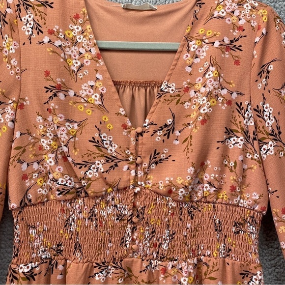 Altar'd State Floral Smocked Waist V Neck Bell Sleeve Mini Dress Sz S - Picture 4 of 10